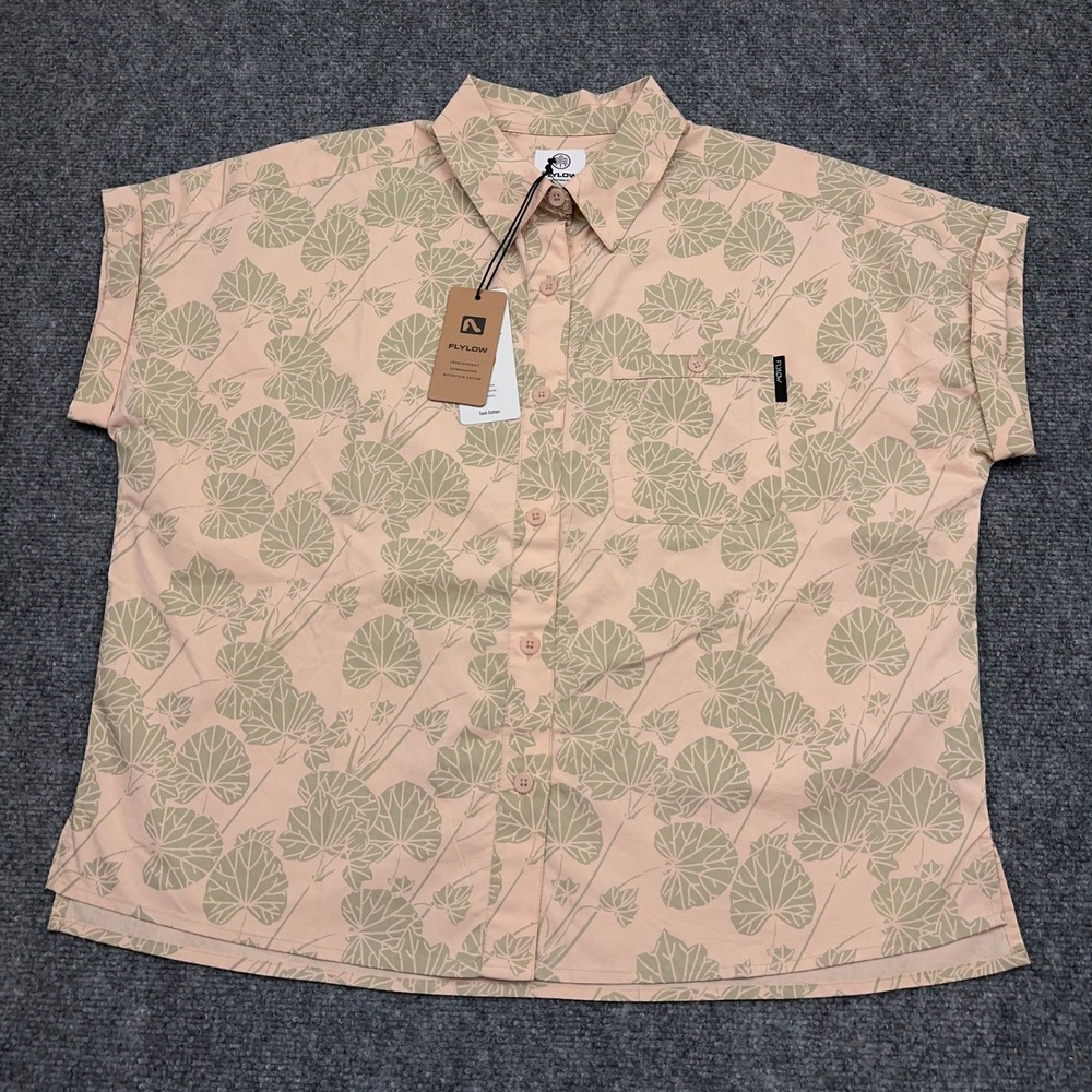 NEW Flylow Around Town Shirt Womens M Pearl Mist Ivy Leaf Print Tech Cotton Boxy